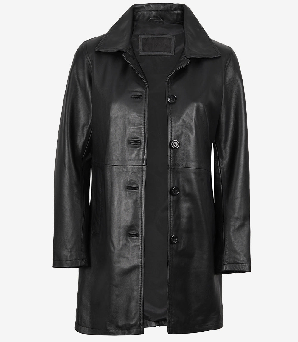 Womens 3 Quarter Length Black Leather Coat