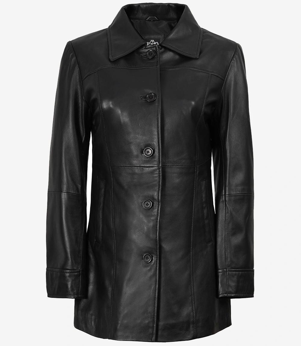 Womens Black Long Leather Coat