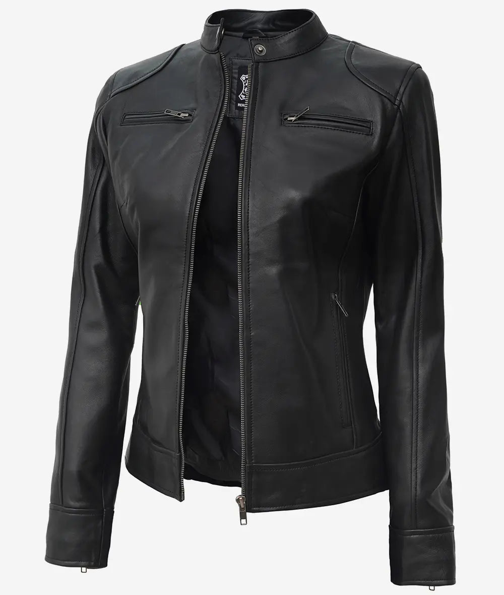 Women's Black Lambskin Leather Biker Style Jacket