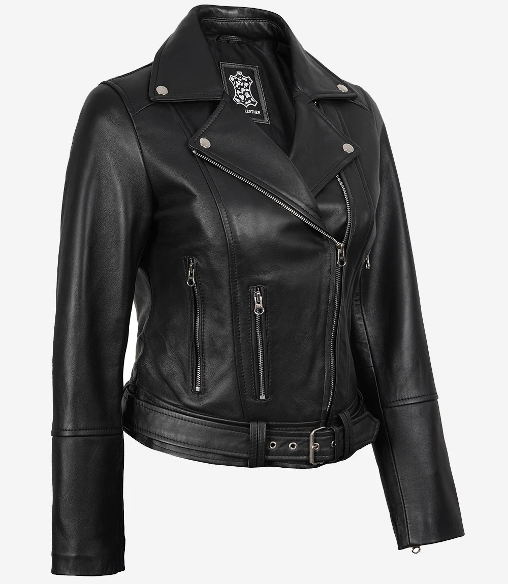 Womens Asymmetrical Black Leather Belted Biker Style Jacket