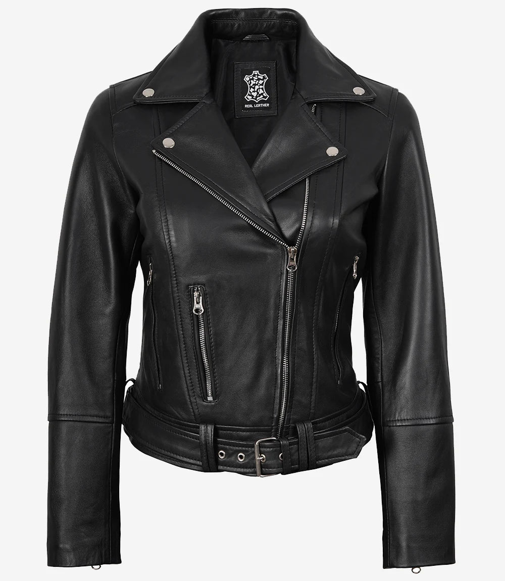 Womens Asymmetrical Black Leather Belted Biker Style Jacket