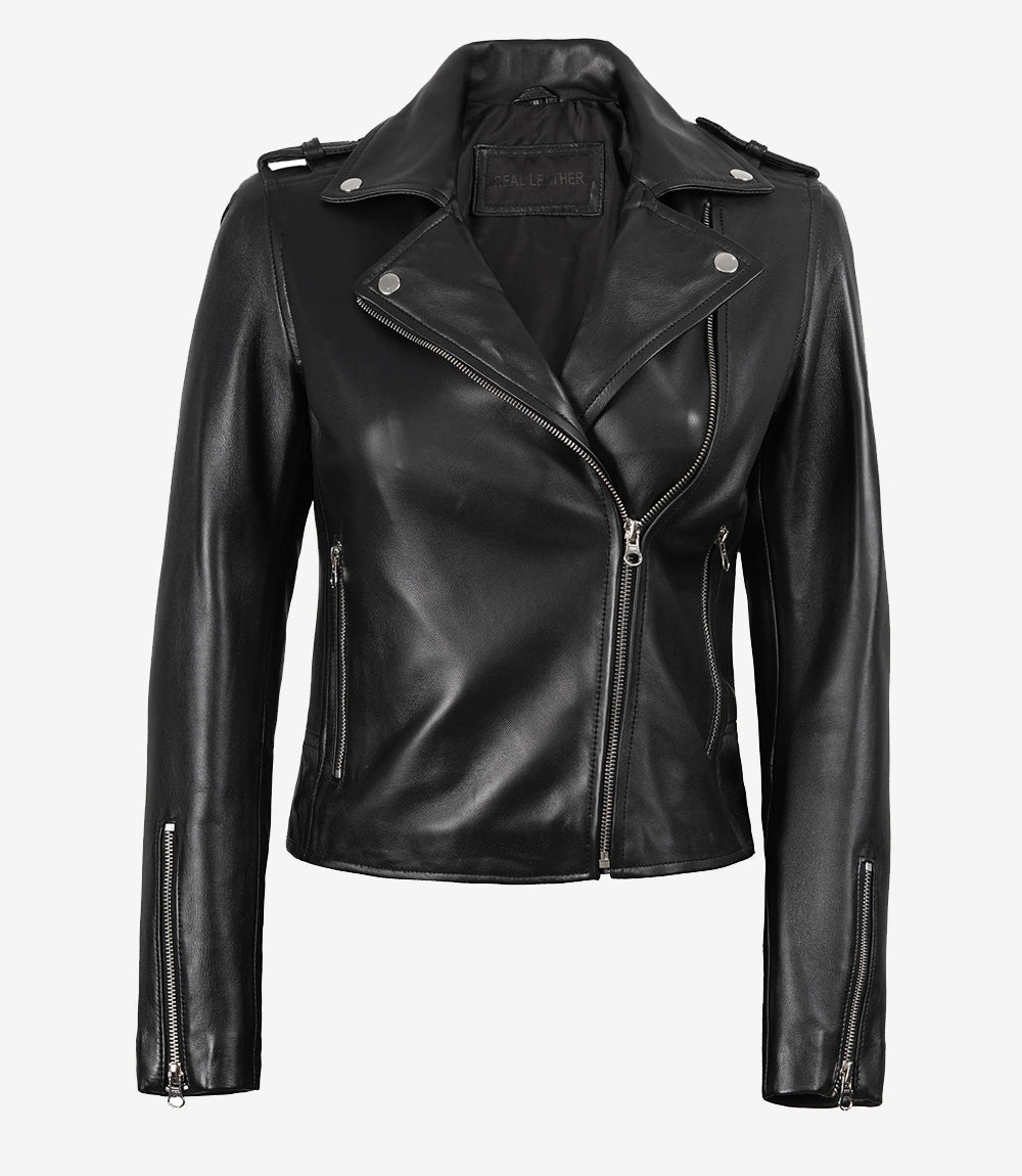 Womens Black Asymmetrical Leather Motorcycle Jacket
