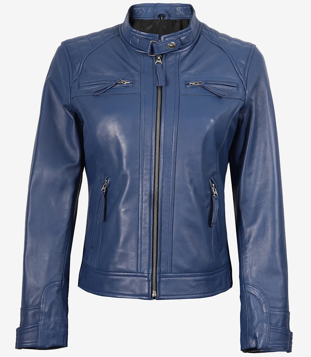 Womens Real Lambskin Leather Blue Quilted Biker Jacket