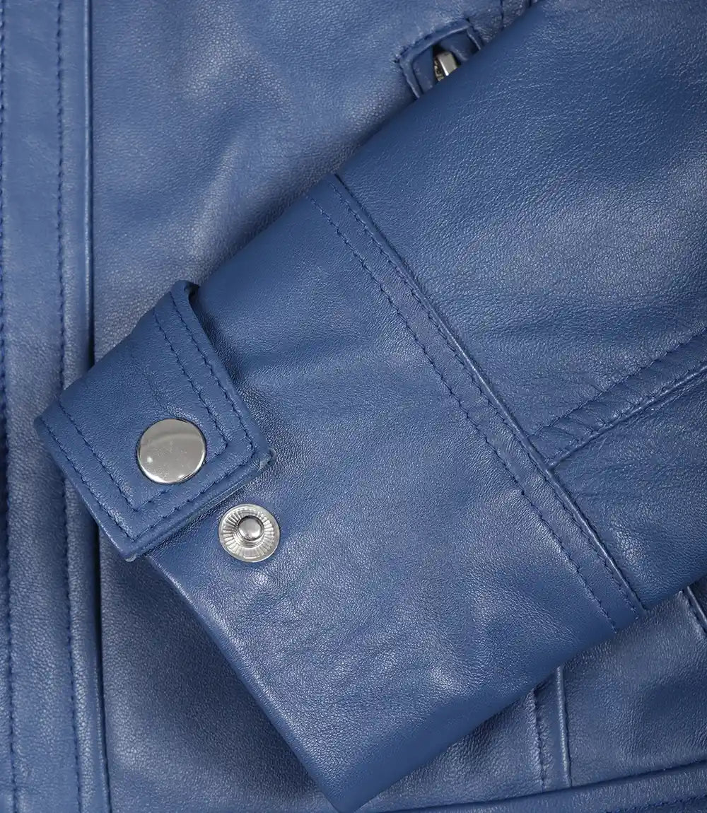 Womens Real Lambskin Leather Blue Quilted Biker Jacket