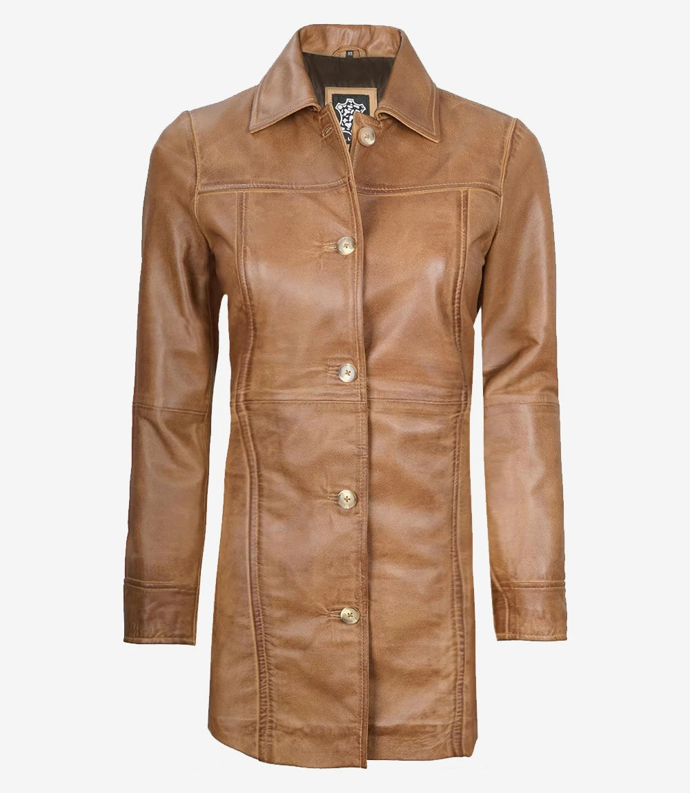 Womens Real Leather Camel Brown Coat