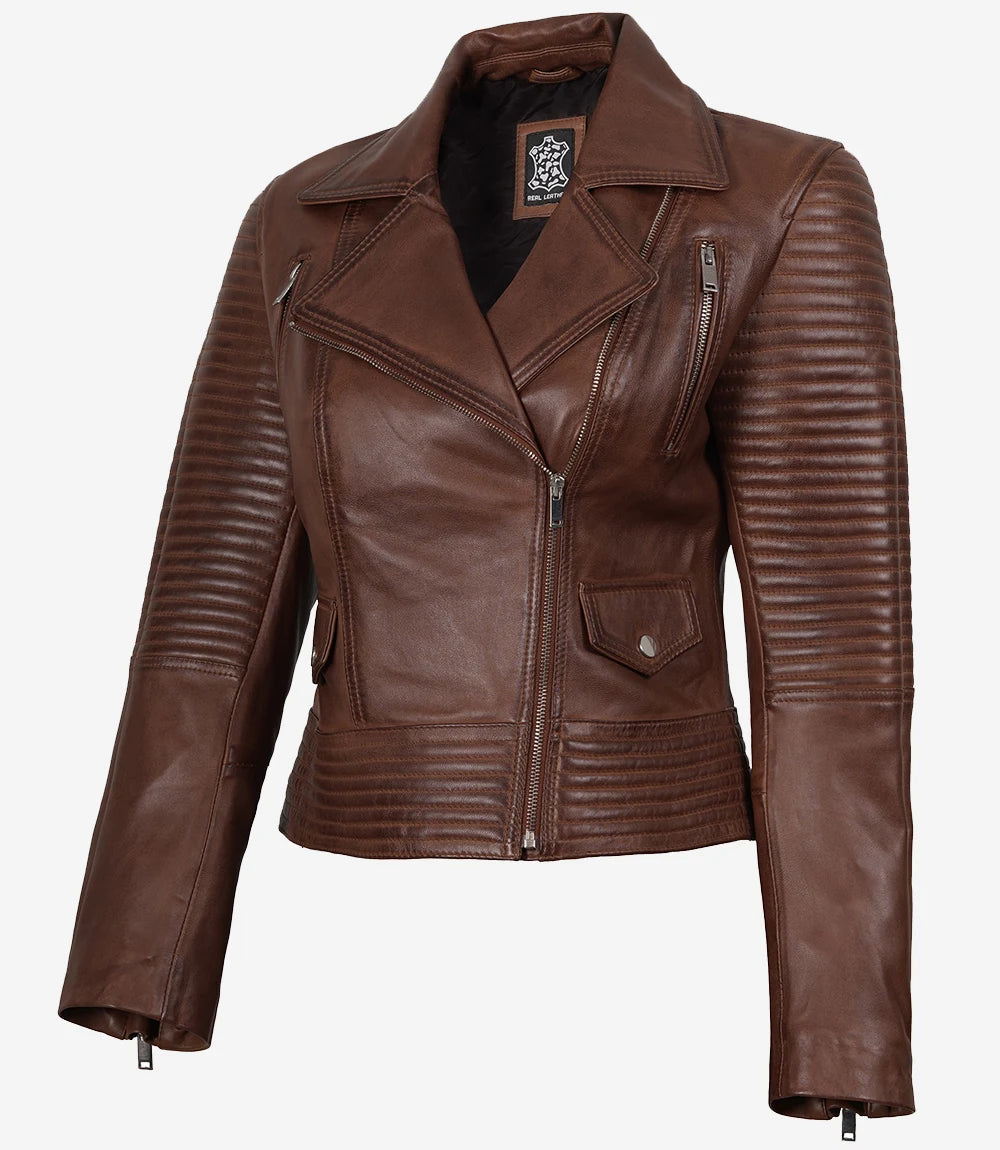 Womens Cognac Asymmertical Moto Leather Jacket