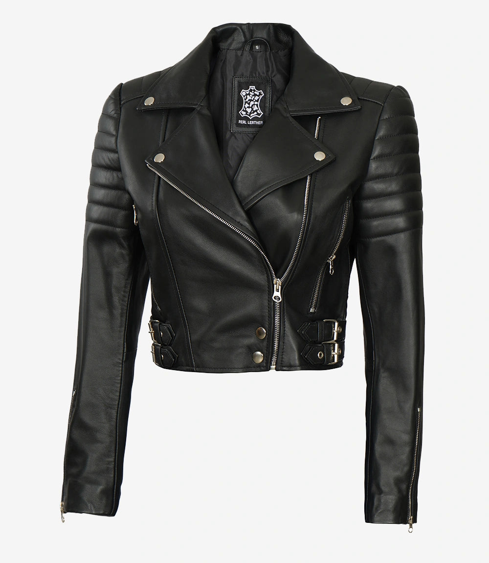Women Asymmetrical Black Cropped Moto Leather Jacket