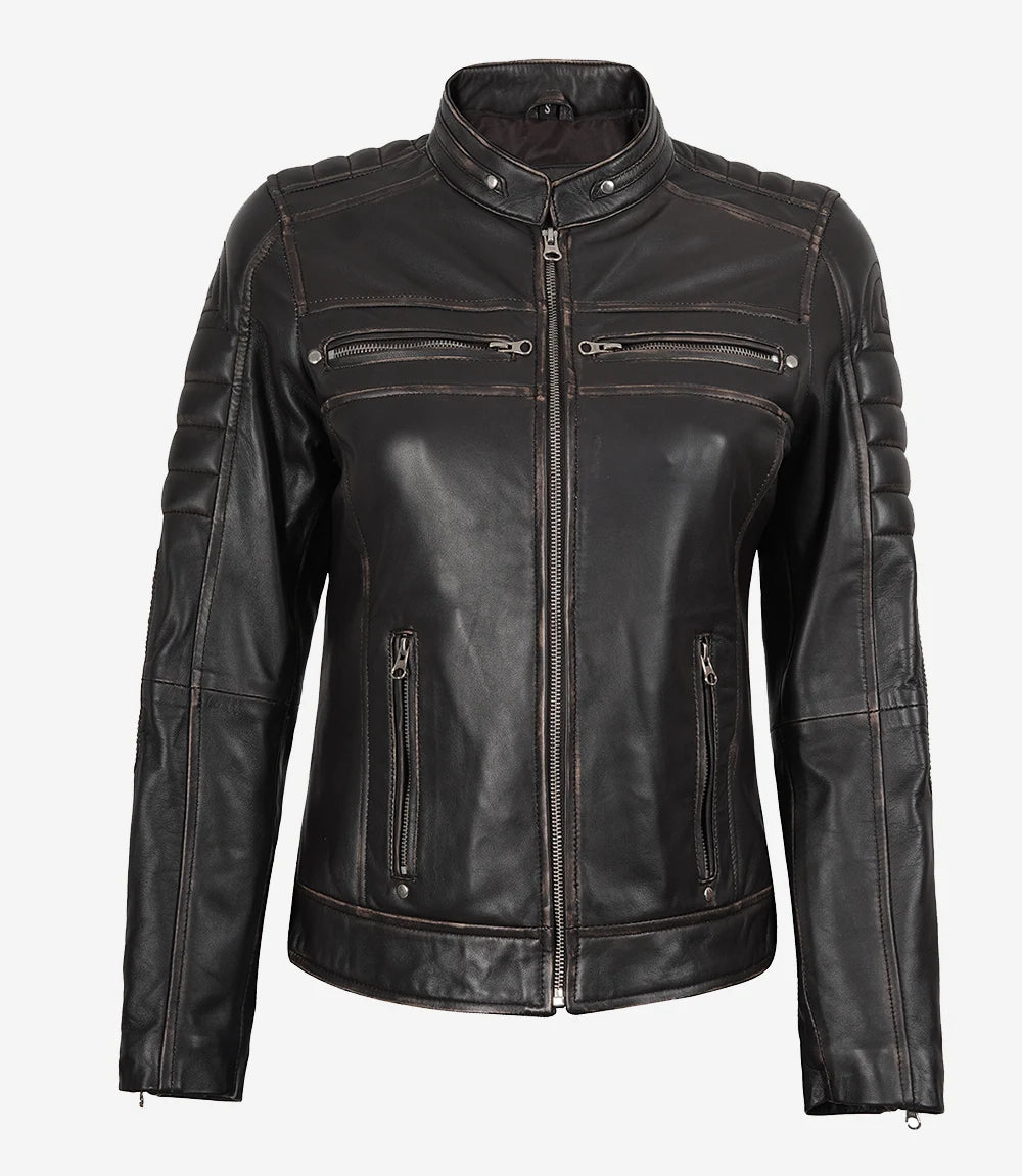 Womens Ruboff Brown Cafe Racer Style Leather Jacket