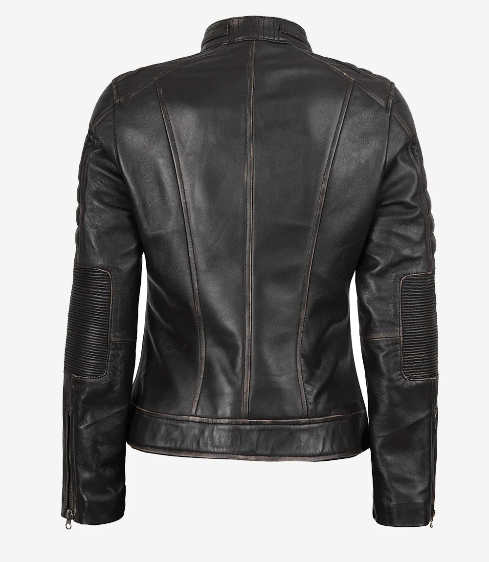 Womens Ruboff Brown Cafe Racer Style Leather Jacket