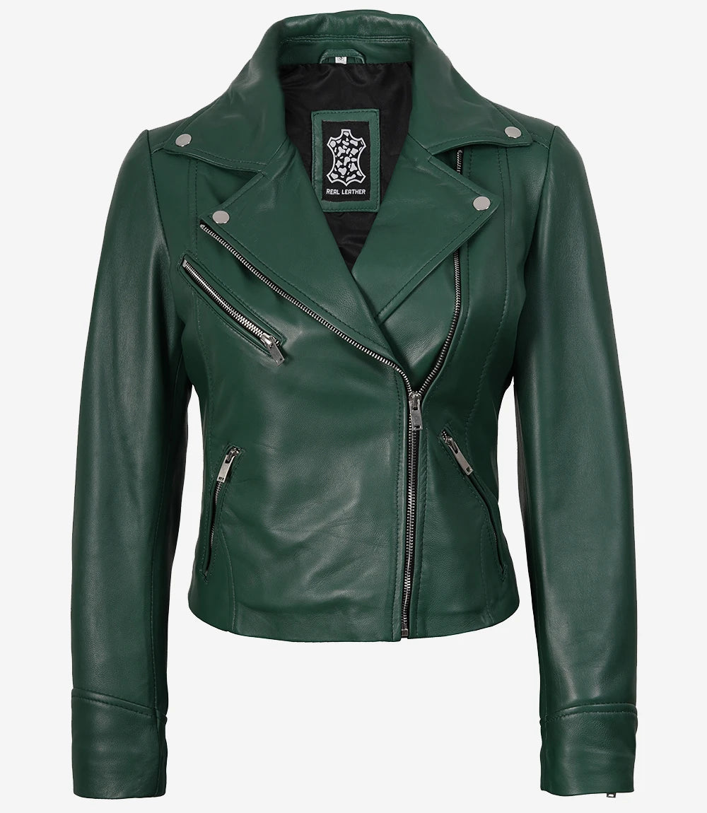 Women's Real Lambskin Leather Green Biker Style Jacket
