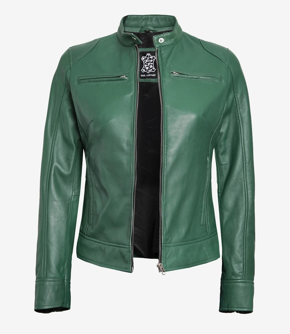 Womens Biker Racer Green Leather Jacket
