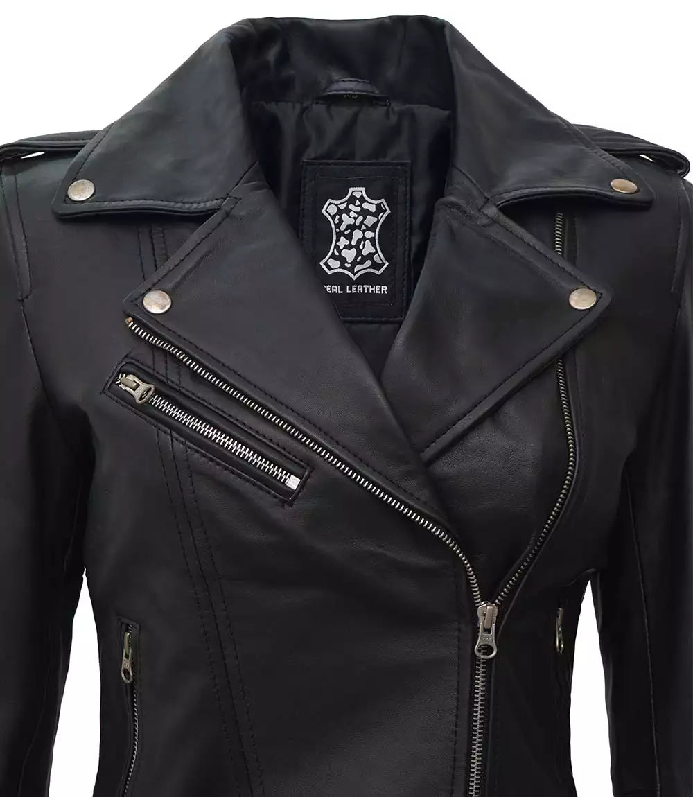 Womens Asymmetrical Leather Black Biker Jacket