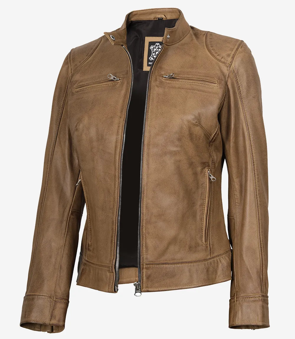Womens Real Leather Camel Brown Moto Jacket