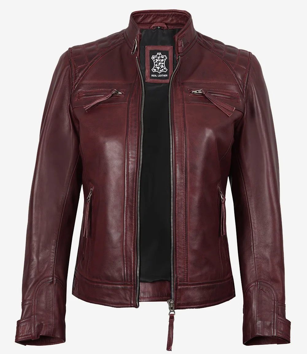 Maroon Womens Real Lambskin Leather Motorcycle Jacket