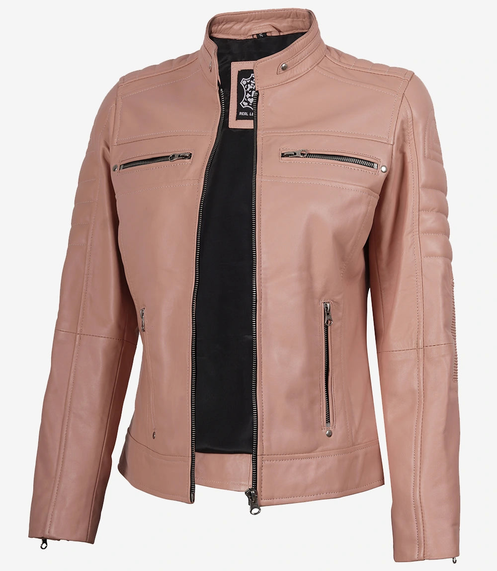 Womens Real Leather Pink Biker Jacket