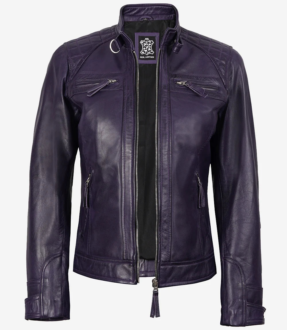 Womens Purple Real Leather Motorcycle Jacket