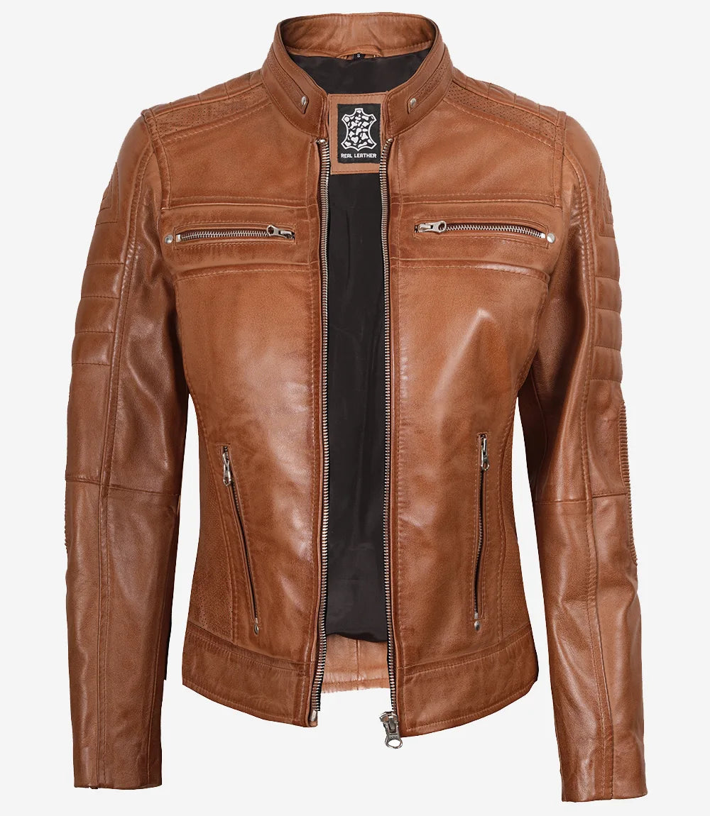 Womens Tan Biker Style Leather Jacket