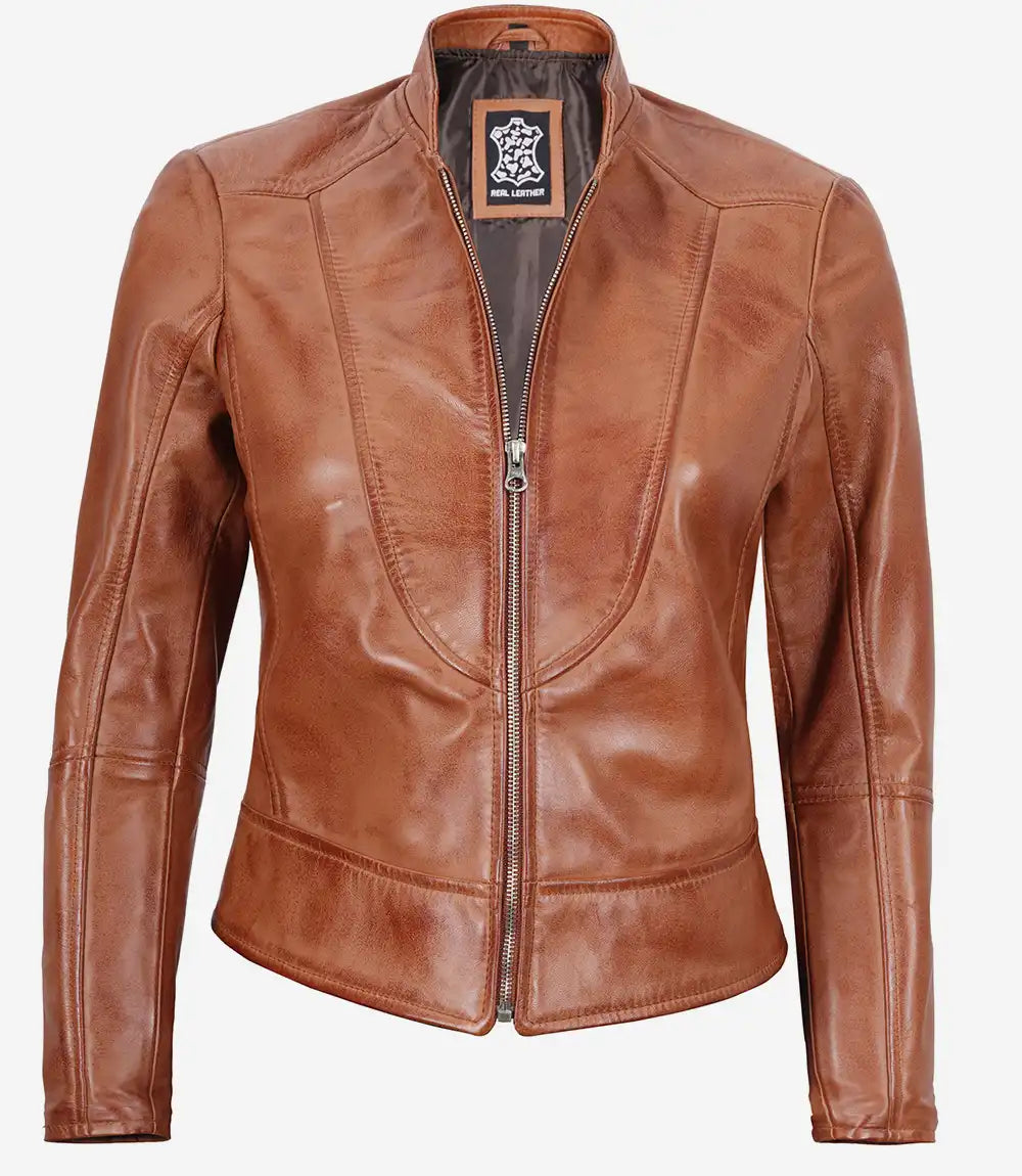 Womens Tall Biker Tan Leather Jacket