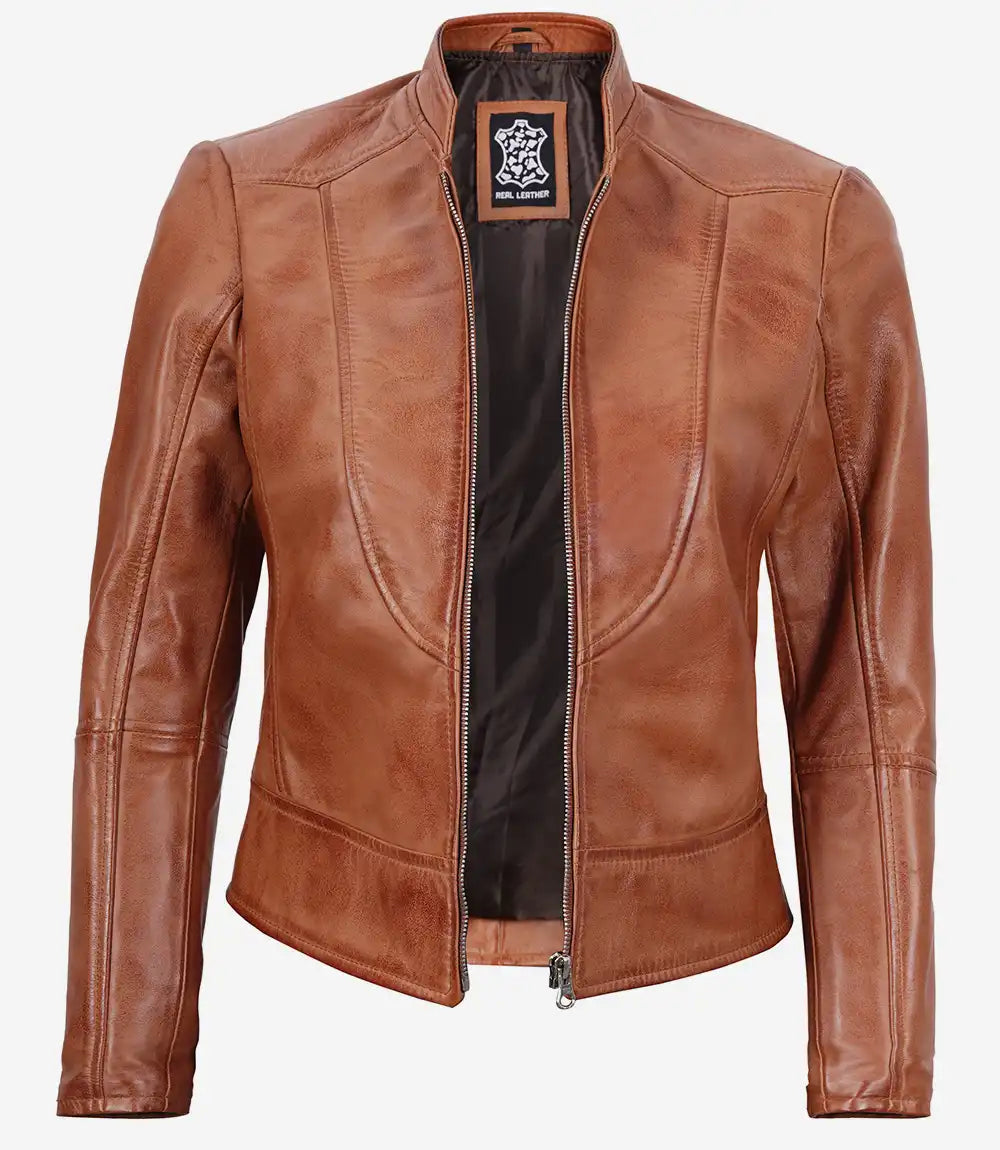Womens Tall Biker Tan Leather Jacket