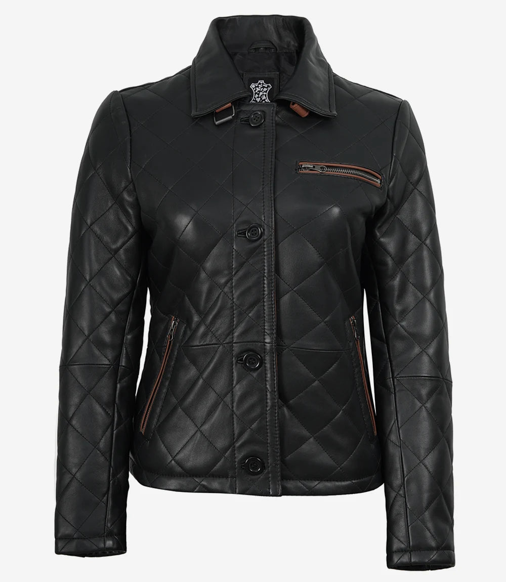 Glen Women's Black Diamond Quilted Leather Jacket with Brown Trim