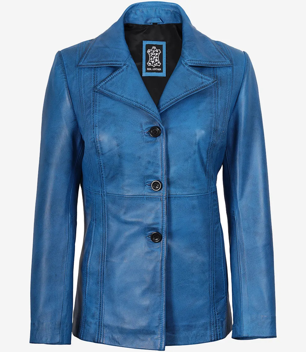 Womens Blue Waxed Leather Coat - Three Button