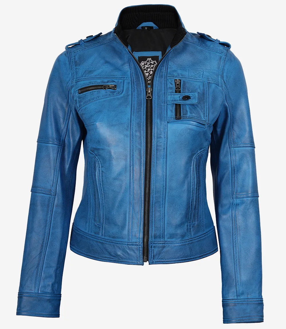 Women's Blue Waxed Lambskin Leather Biker Style Jacket