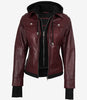 Womens Burgundy Bomber Leather Jacket With Removable Hood