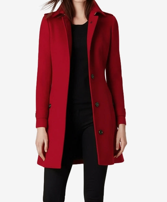 Women's Single Breasted Red Wool Coat - 3/4 Length