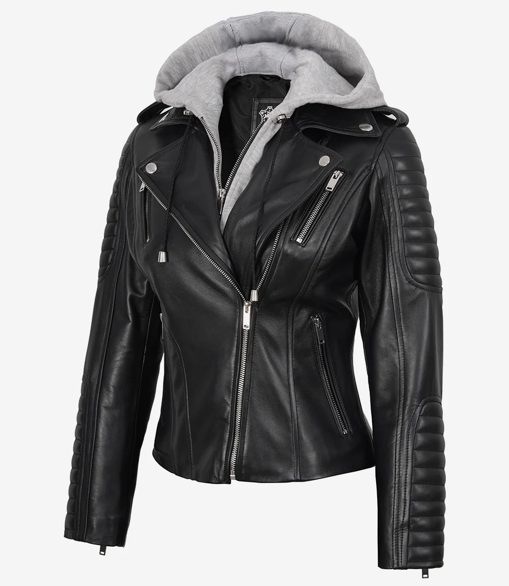 Women's Biker Style Black Leather Jacket with Hood