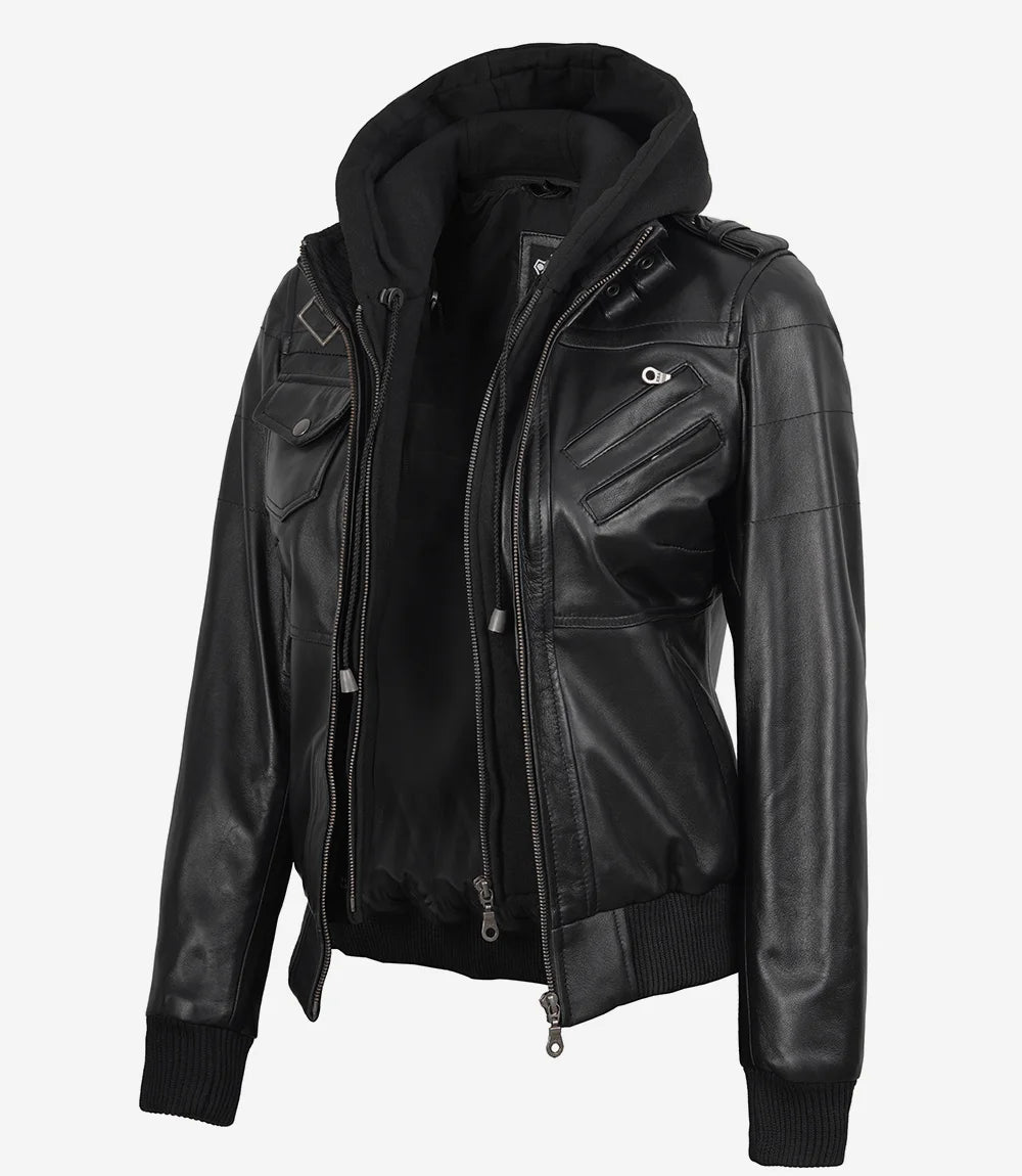 Women's Black Leather Bomber Jacket with Removable Hood