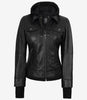 The Celeste: Womens Black Bomber Leather Jacket with Removable Hood