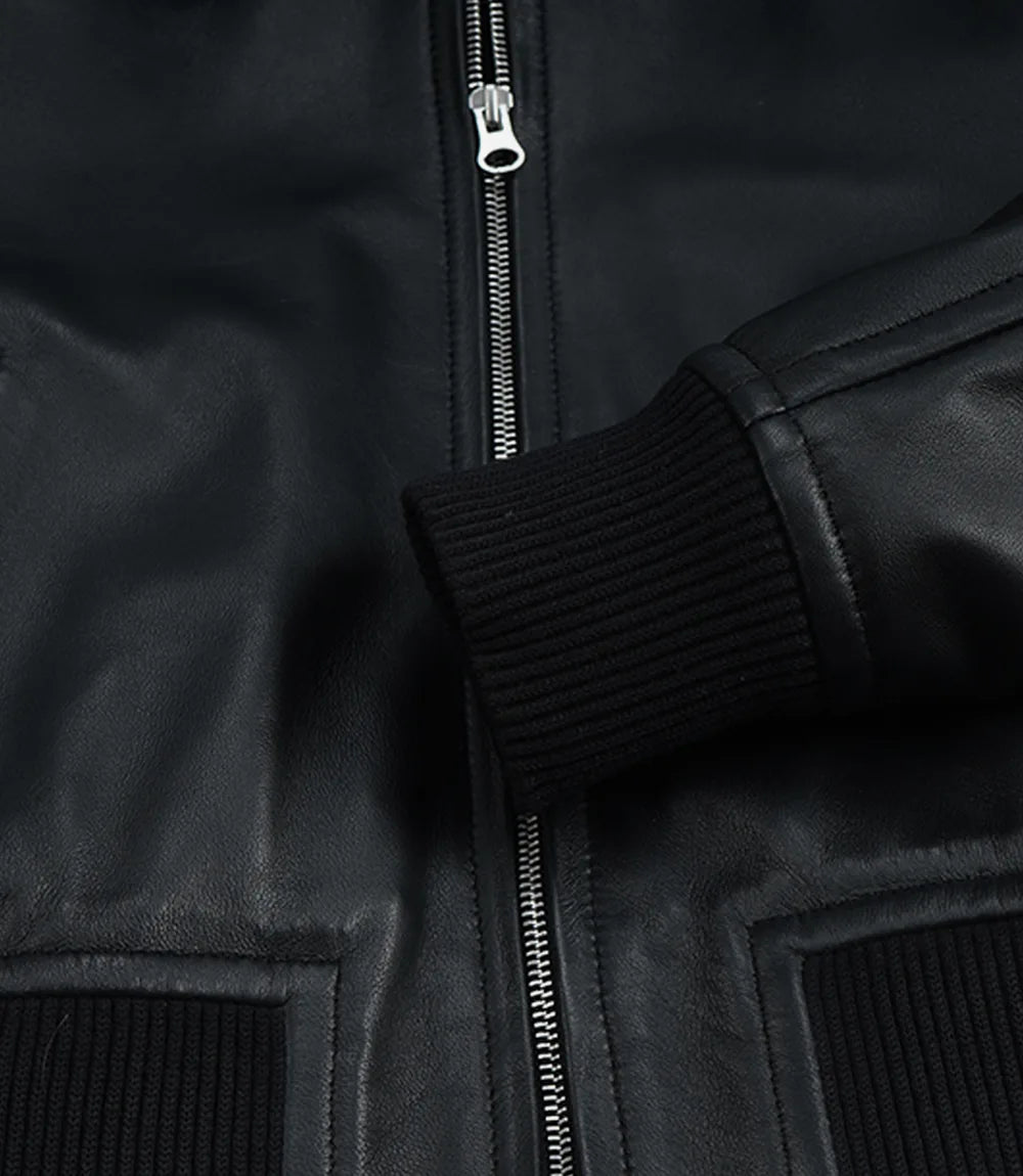 Women's Black Leather Bomber Jacket - Cropped Drop Shoulder Style
