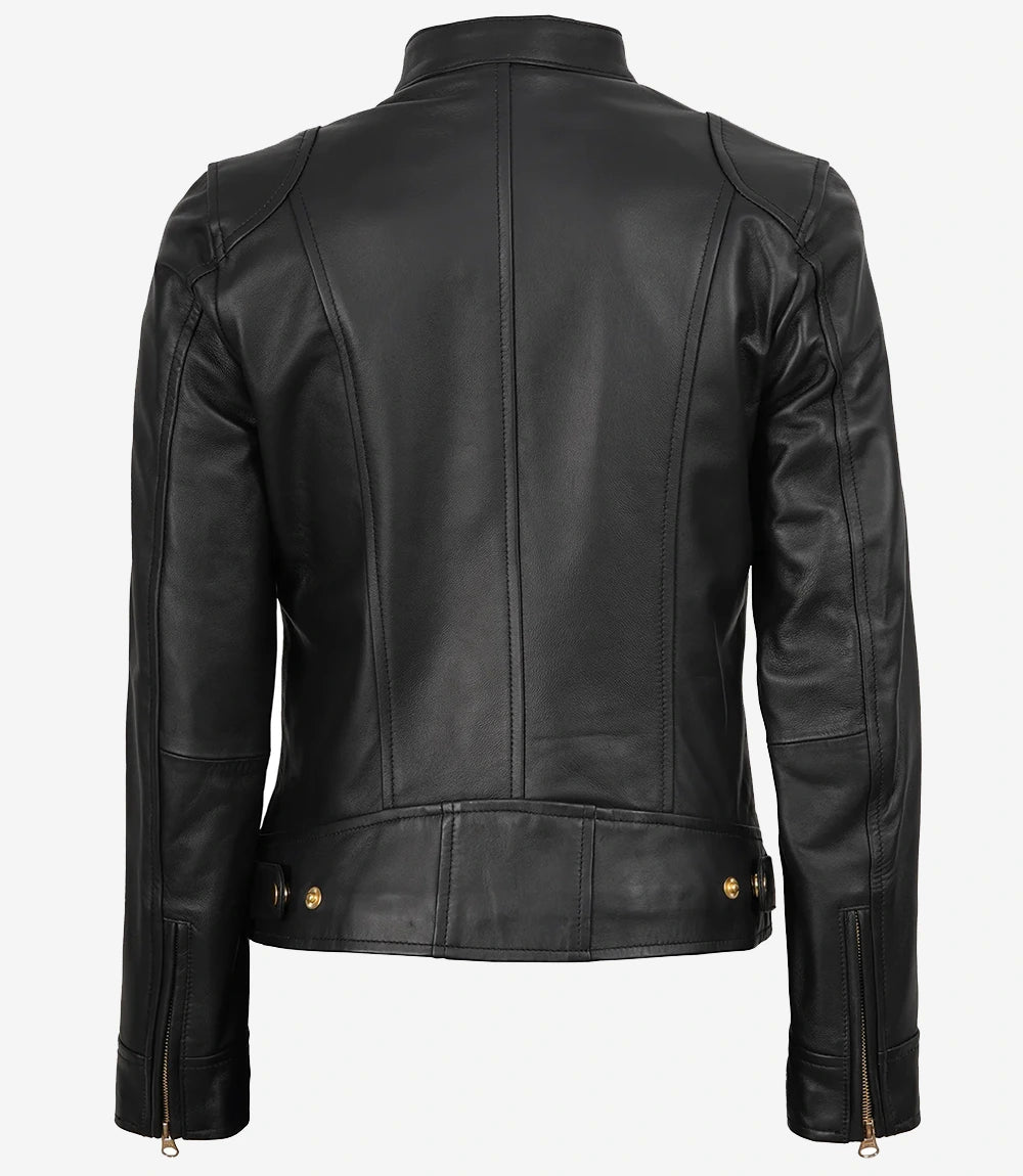 Womens Black Real Leather Biker Style Jacket - Golden Details