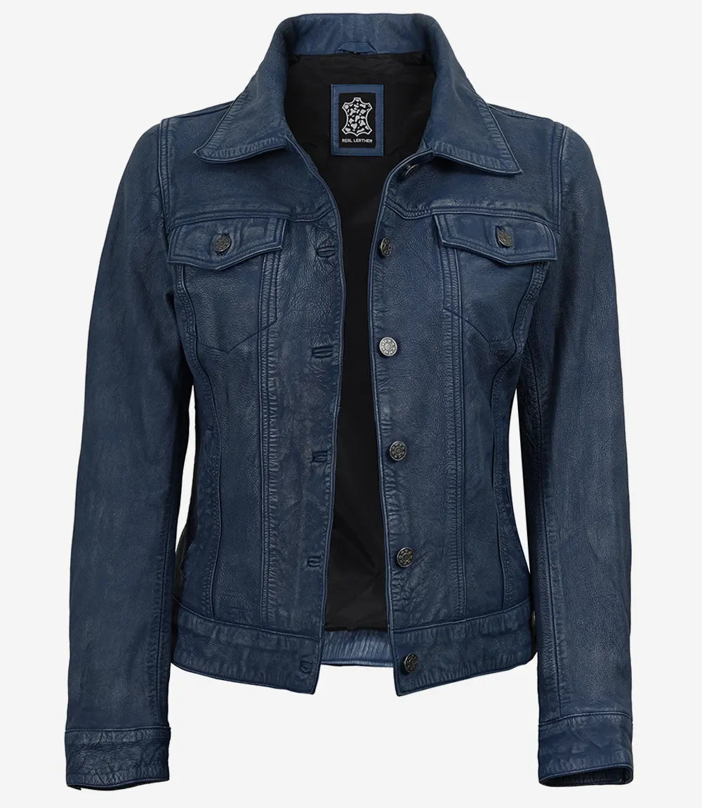 Women's Blue Washed Trucker Leather Jacket