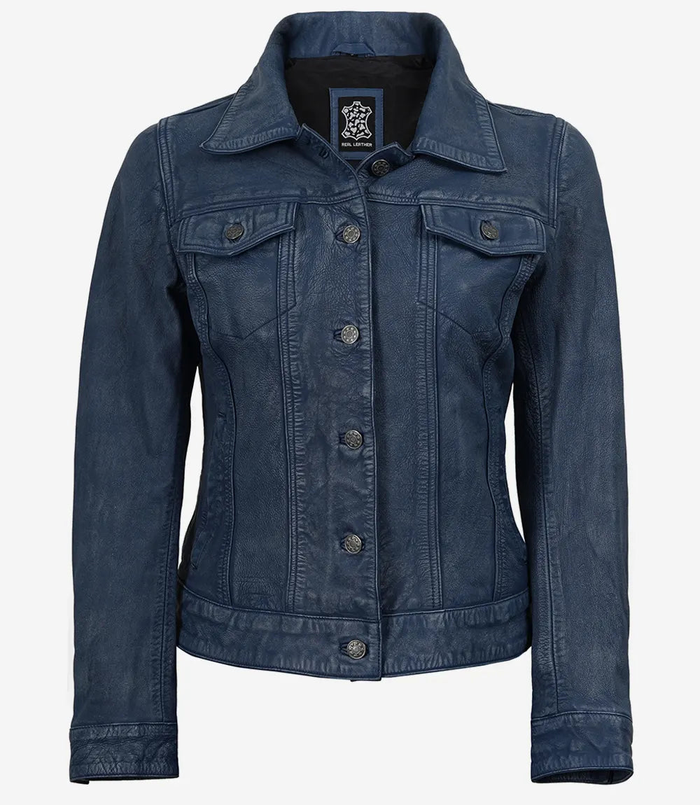 Women's Blue Washed Trucker Leather Jacket