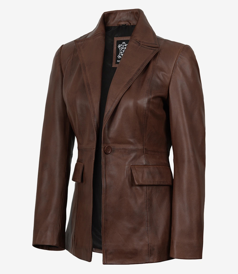 Women’s Brown Cognac Waxed Lambskin Leather Blazer – Single Button