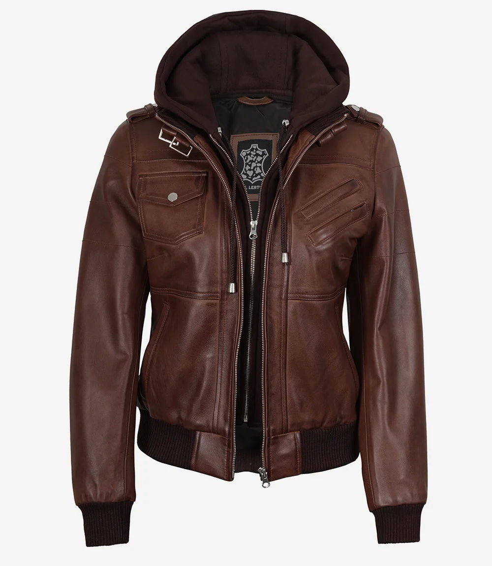 Womens Cognac Leather Bomber Jacket With Removable Hood