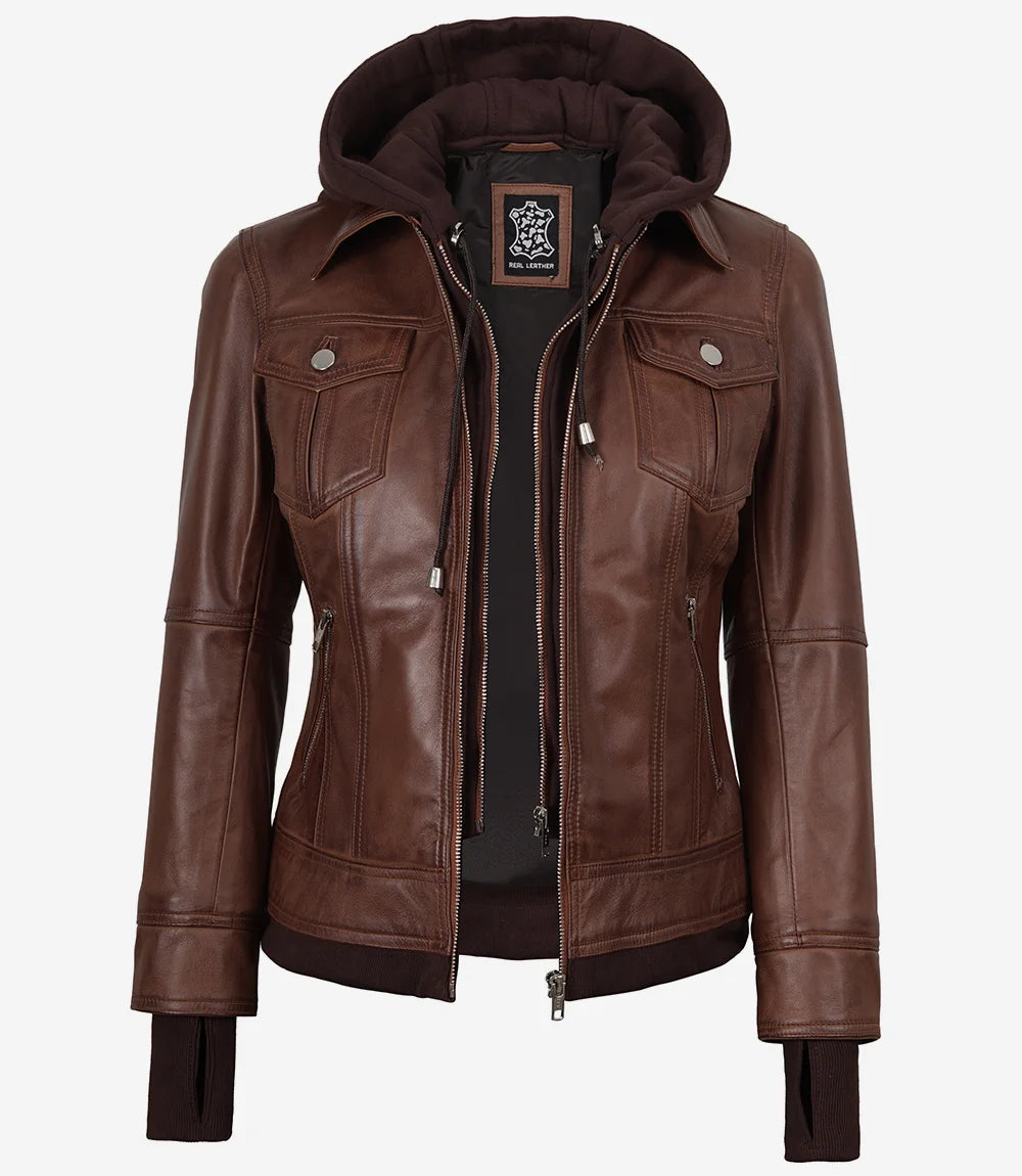 Tralee Women's Cognac Wax Bomber Leather Jacket With Removable Hood