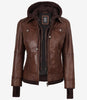 Tralee Women's Cognac Wax Bomber Leather Jacket With Removable Hood