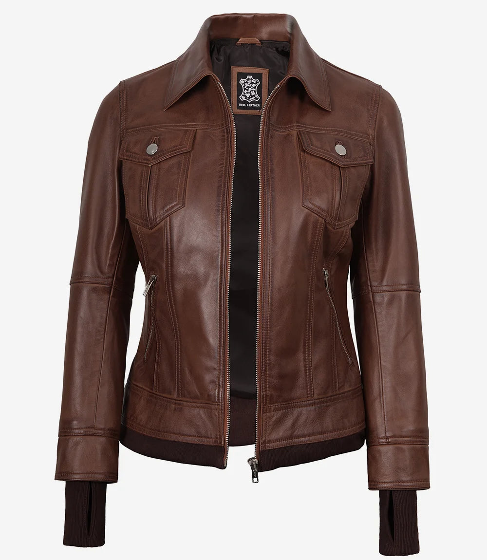 Tralee Women's Cognac Wax Bomber Leather Jacket With Removable Hood
