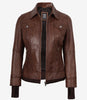 Tralee Women's Cognac Wax Bomber Leather Jacket With Removable Hood