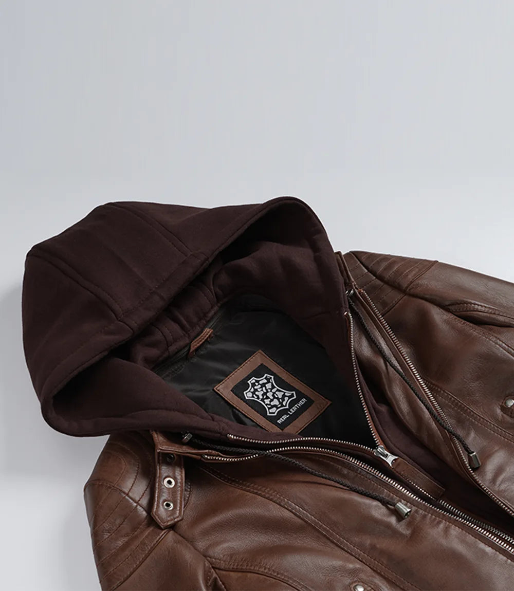 Women’s Cognac Brown Lambskin Hooded Leather Jacket (2-in-1 Style)