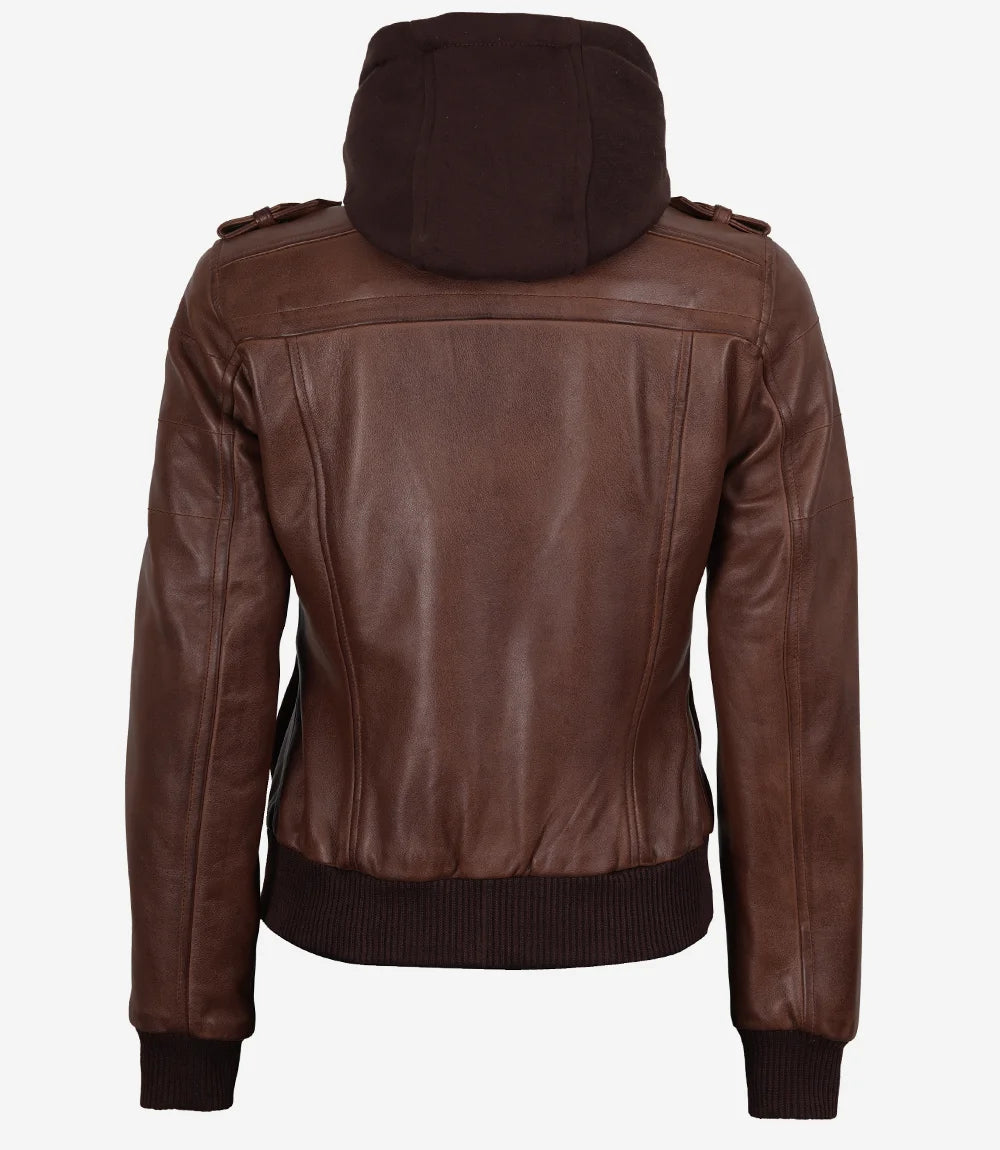 Womens Cognac Leather Bomber Jacket With Removable Hood