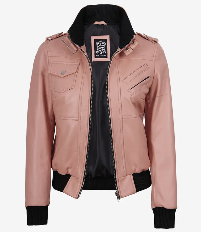 Womens Pink Hooded Bomber Leather Jacket