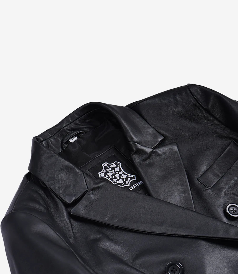 Women's Black Lambskin Double-Breasted Cropped Blazer
