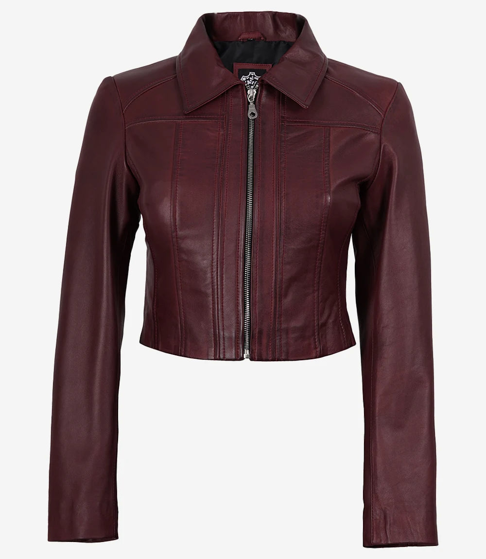 Women's Maroon Waxed Leather Cropped Jacket