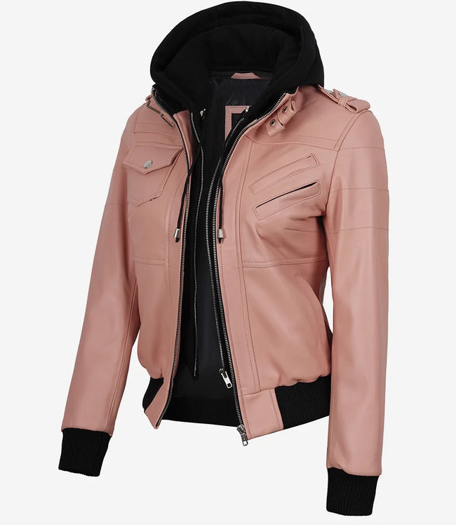 Womens Pink Hooded Bomber Leather Jacket