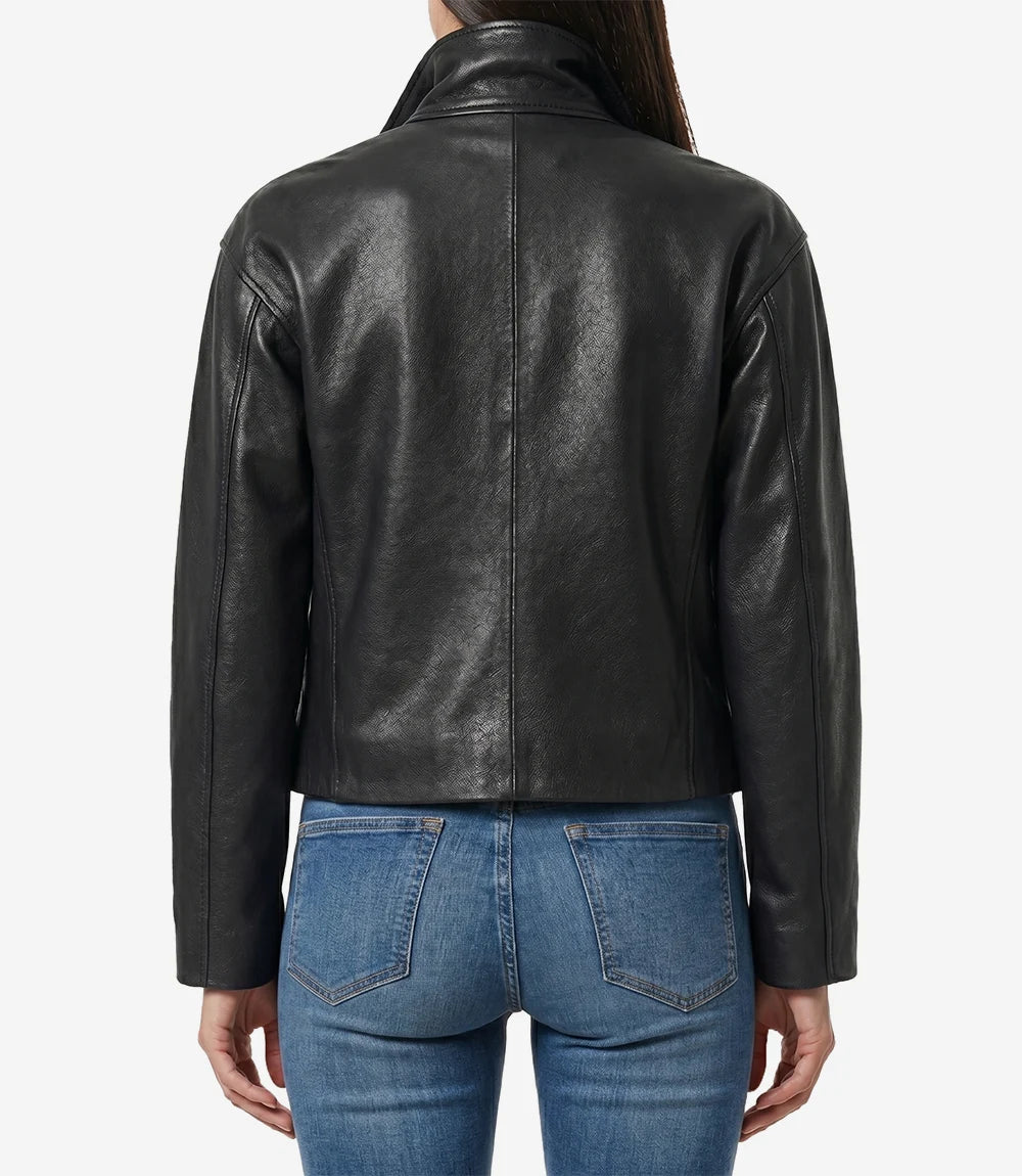 Women's Drop-Shoulder Black Lambskin Leather Funnel Neck Jacket