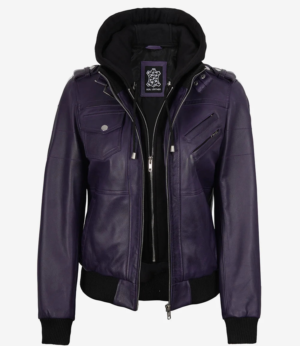 Womens Purple Bomber Leather Jacket with Removeable Hood