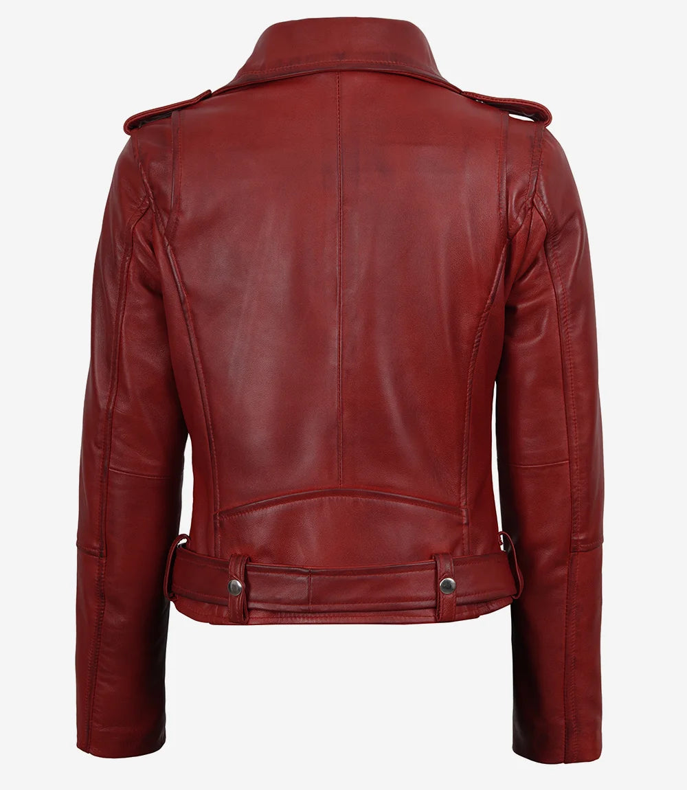 Women's Red Asymmetrical Belted Biker Style Leather Jacket